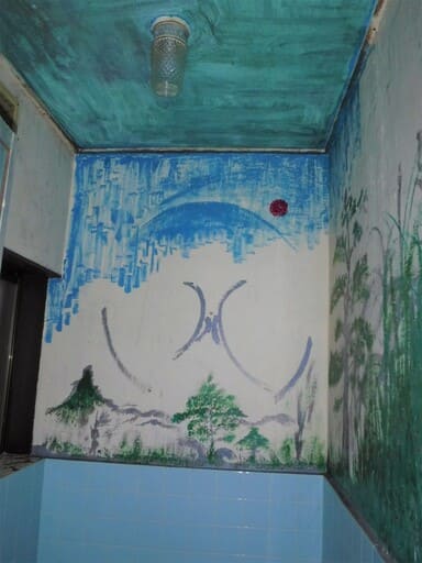 壁一面に謎の絵が書かれた浴室